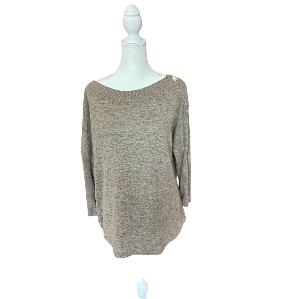 Ava James Women XL Heather Taupe Boat Neck Pearl Button Shoulder Pullover